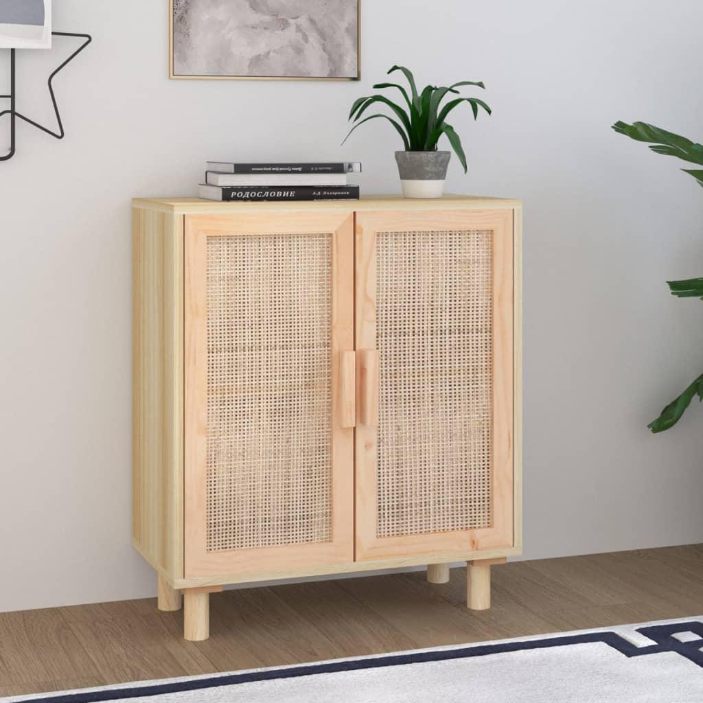 Skænk 60X30X70 Cm Massivt Fyrretræ Og Naturlig Rattan - Brun