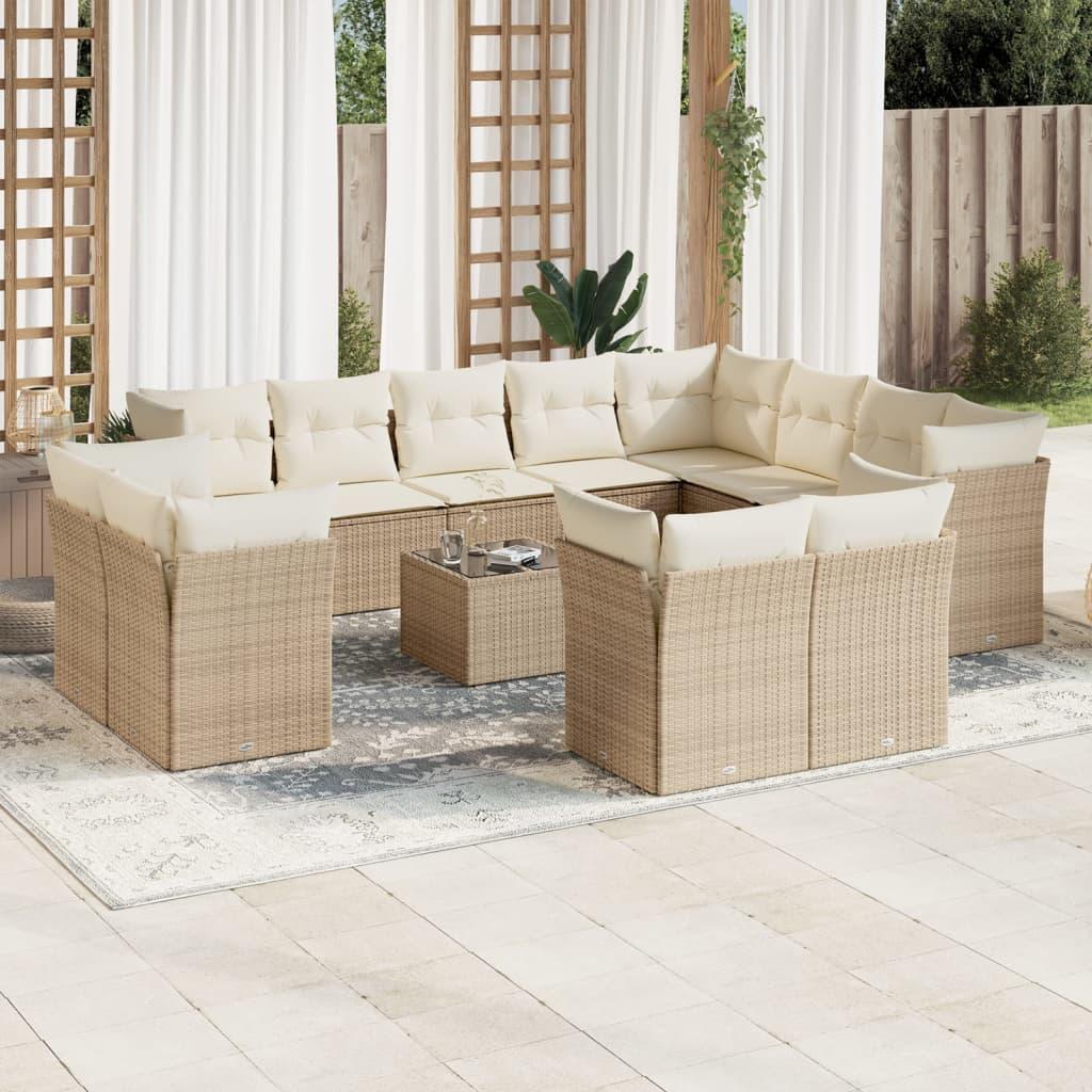 Sofasæt til haven 13 dele med hynder i polyrattan og glasbord - beige