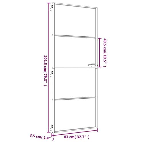 Indvendig dør 83x201,5 cm hærdet glas og aluminium guldfarvet