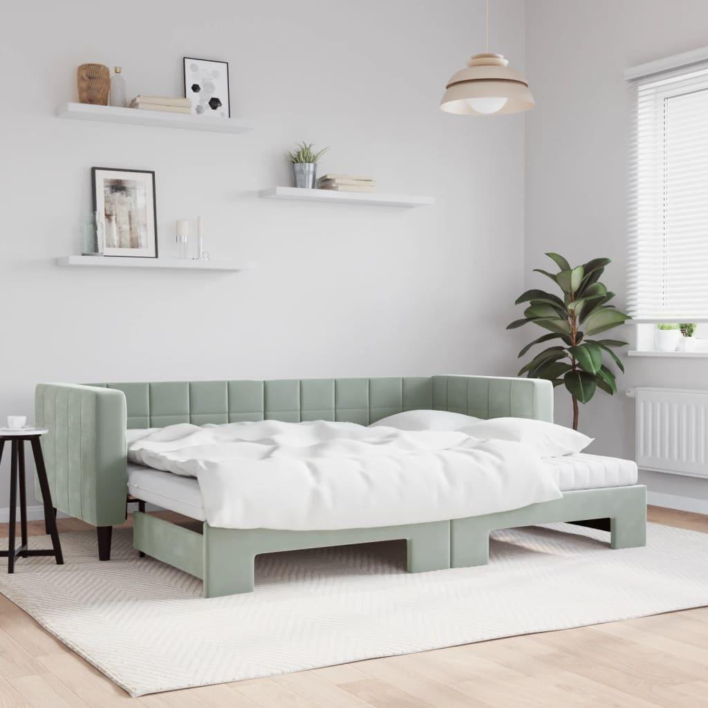 Daybed med udtræk og madras 80x200 cm velour lysegrå