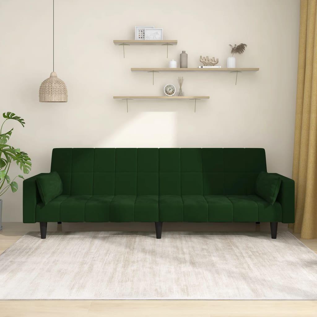 2-personers sovesofa med 2 puder fløjl mørkegrøn