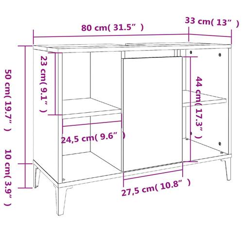 Underskab til håndvask 80x33x60 cm konstrueret træ røget eg