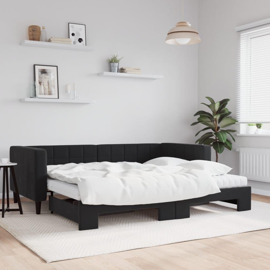 Daybed Velour Sort - med udtræk og madras / 90 x 200 cm
