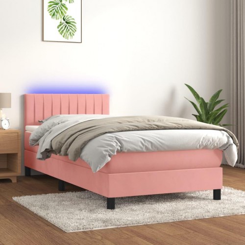 Kontinentalseng 90x200 cm i fløjl - lyserød med madras, topmadras og LED-lys