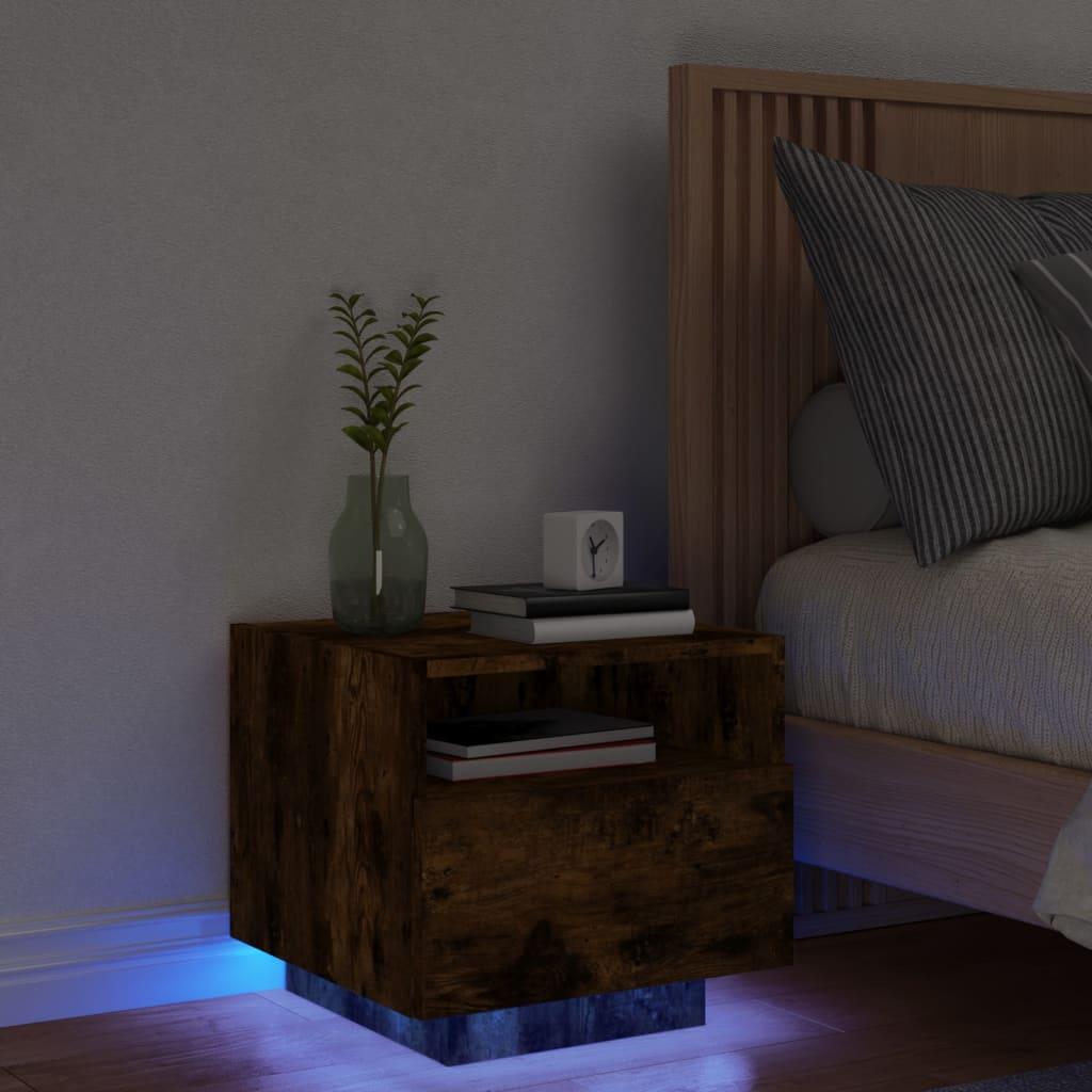 Sengebord med LED-lys 40x39x37 cm røget egetræsfarve