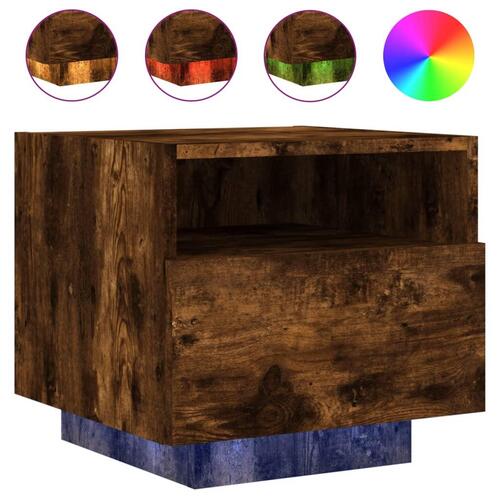 Sengebord med LED-lys 40x39x37 cm røget egetræsfarve