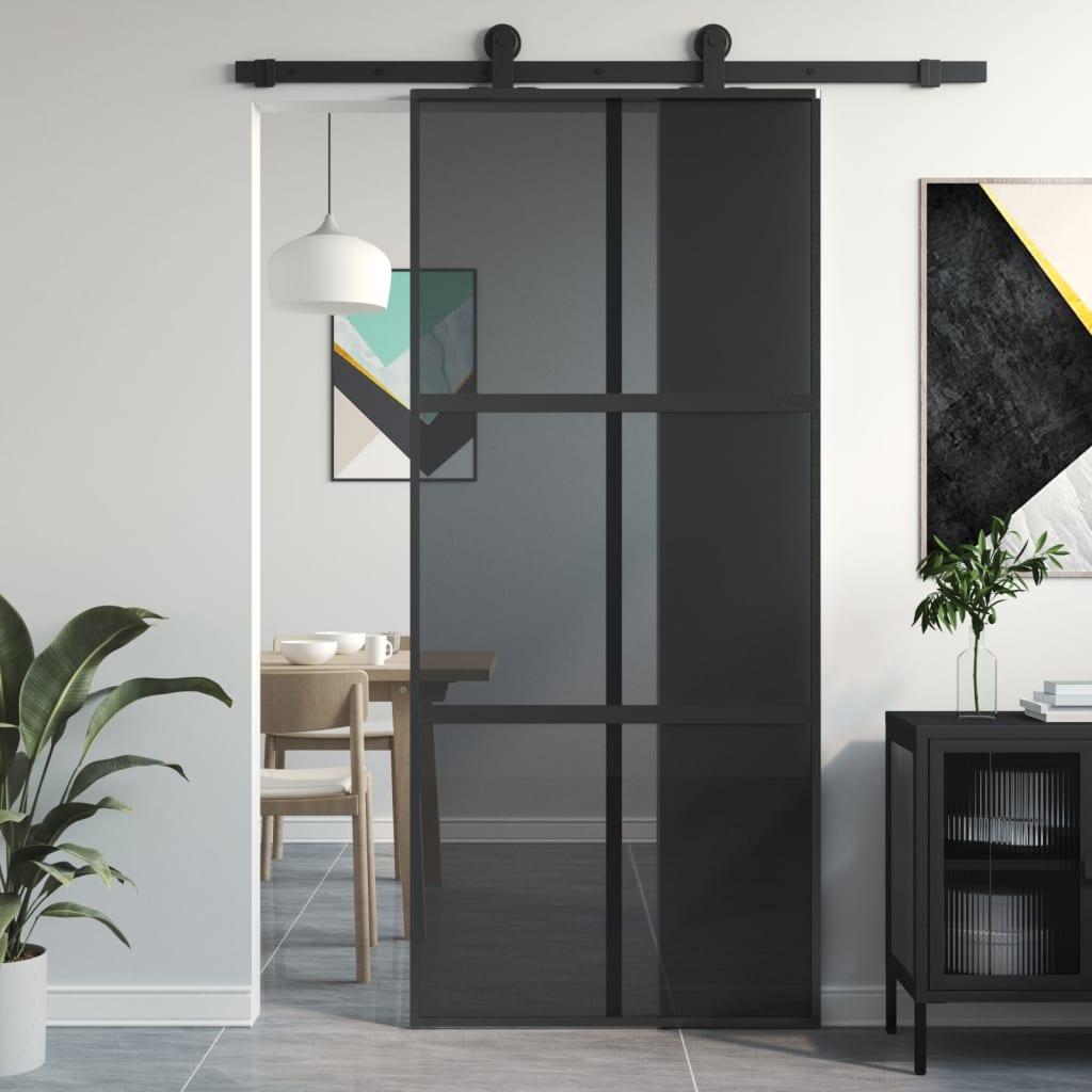Skydedør 90x205 cm hærdet glas og aluminium sort