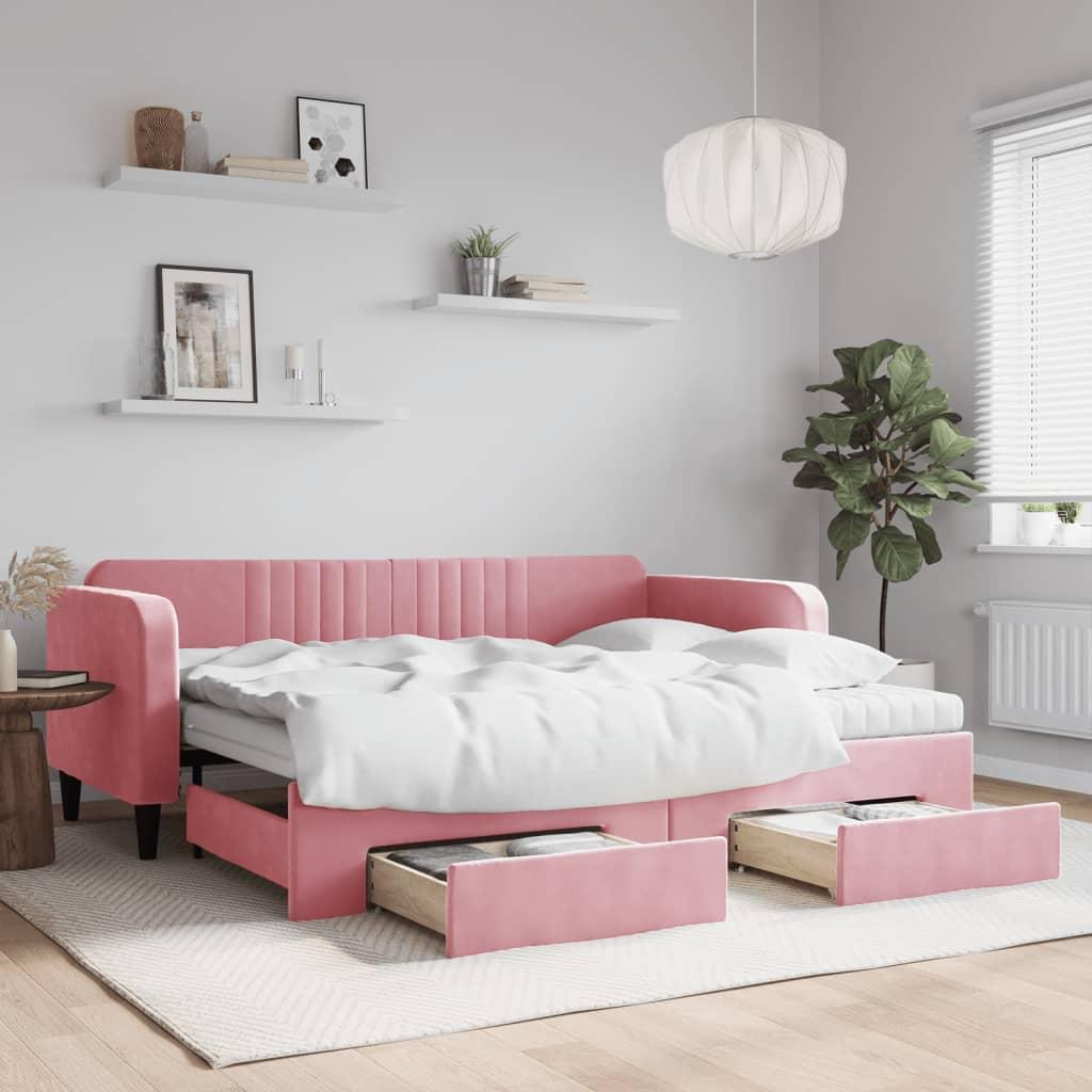 Daybed med udtræk og 2 skuffer 90x200 cm velour lyserød