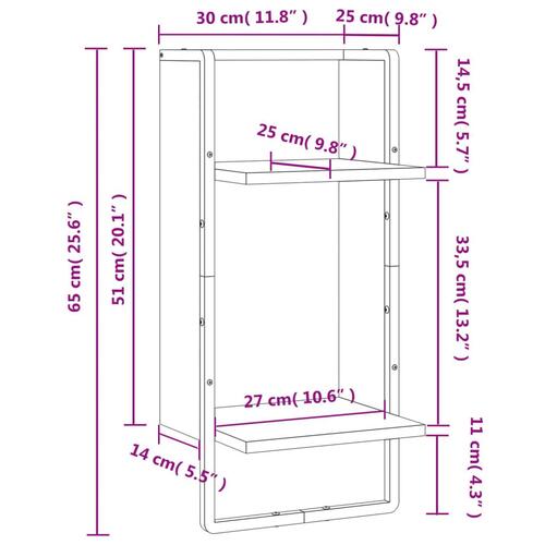 Væghylde med stang 30x25x65 cm grå sonoma-eg