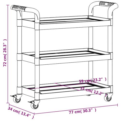 Vogn med 3 hylder 77x34x72 cm aluminium sort