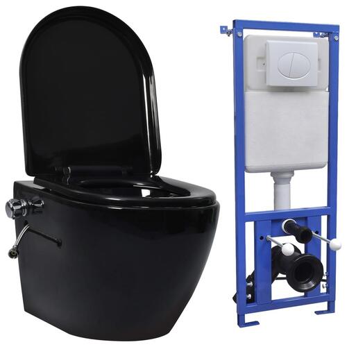 Væghængt toilet uden kant og med skjult cisterne keramik sort