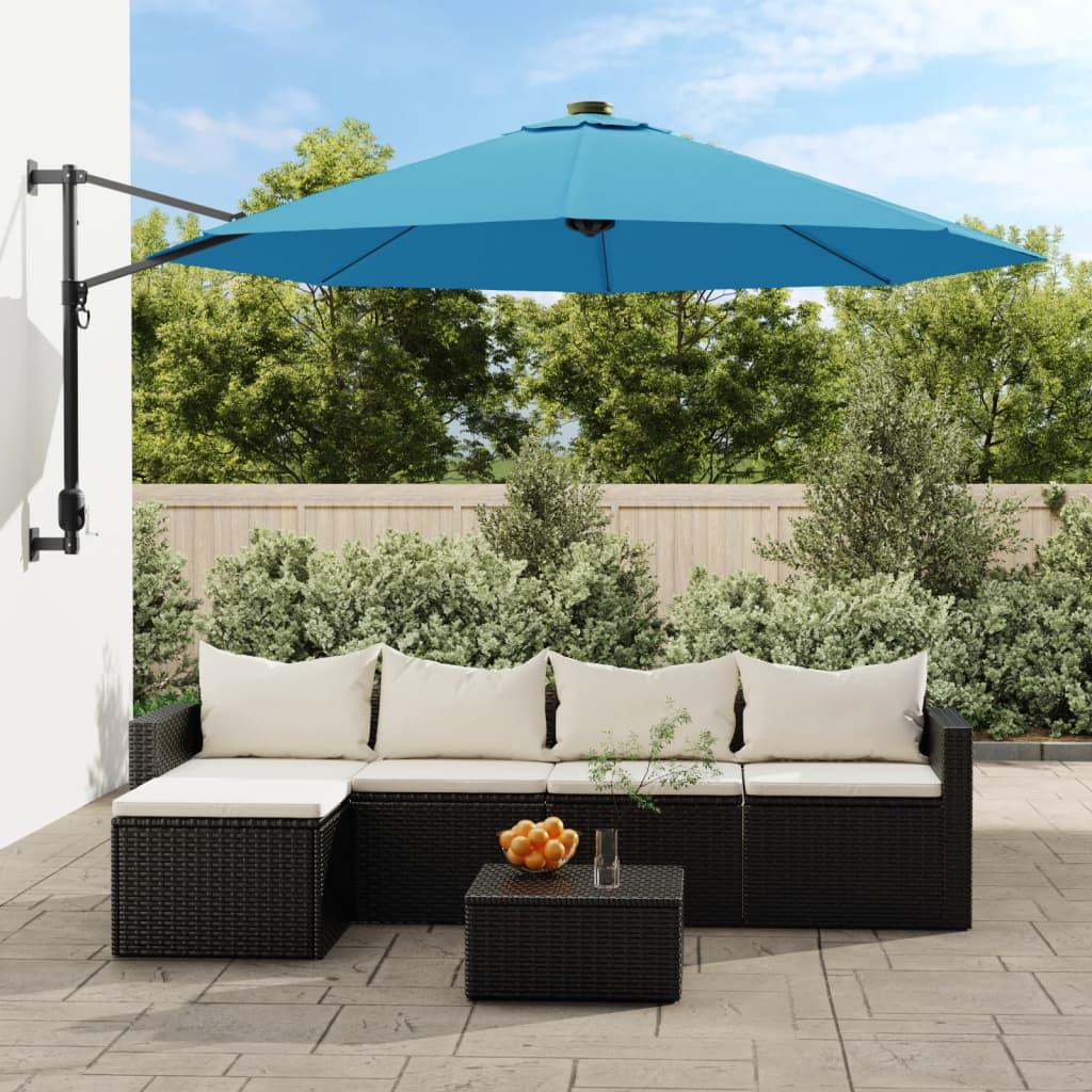 Væghængt parasol med LED-lys 290 cm havblå