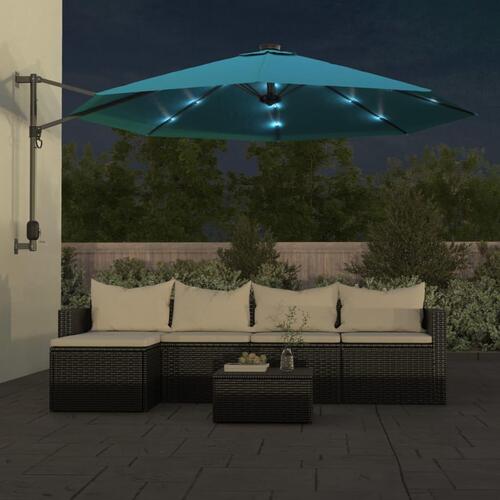 Væghængt parasol med LED-lys 290 cm havblå