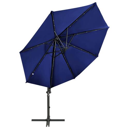 Hængeparasol med stang + LED-lys 300 cm azurblå