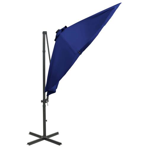 Hængeparasol med stang + LED-lys 300 cm azurblå