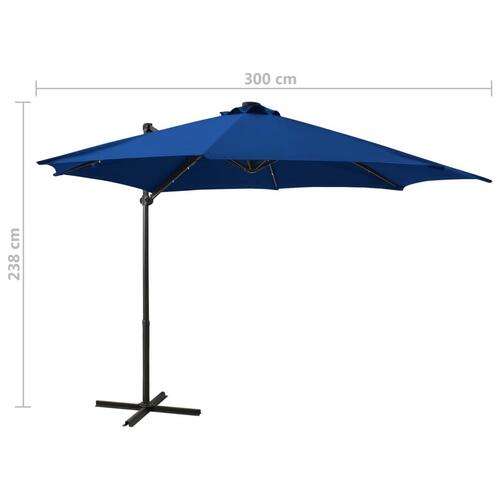 Hængeparasol med stang + LED-lys 300 cm azurblå