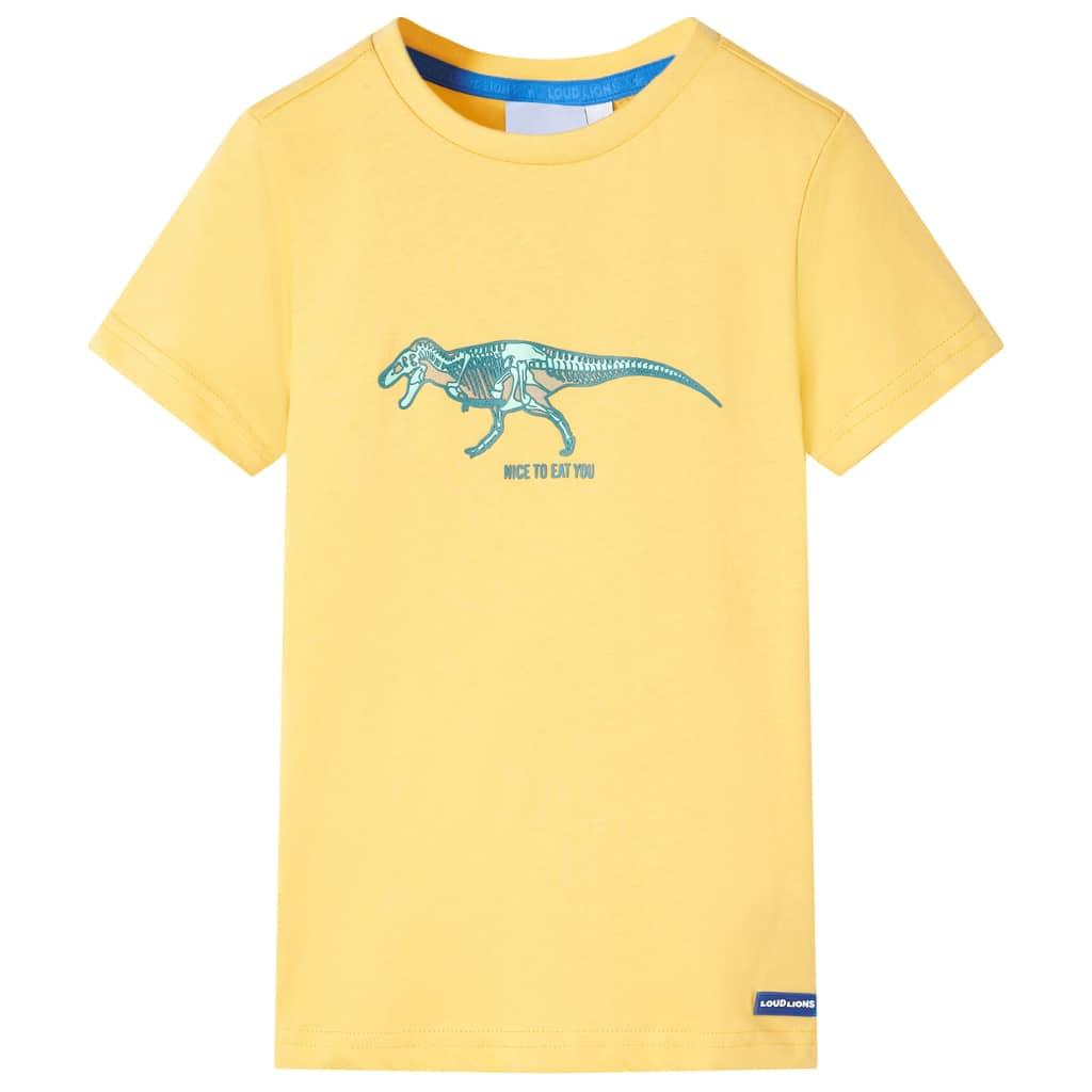 Børne T-shirt str. 104 - lys okkergul med dinosaurprint billede