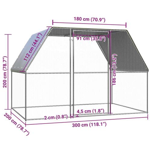 Hønsebur 3x2x2 m galvaniseret stål sølvfarvet og grå