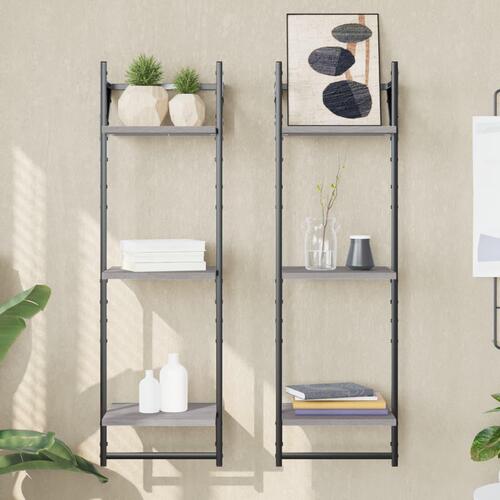 Væghylder 2 stk. m. stænger og 3 hylder 30x25x65 cm grå sonoma