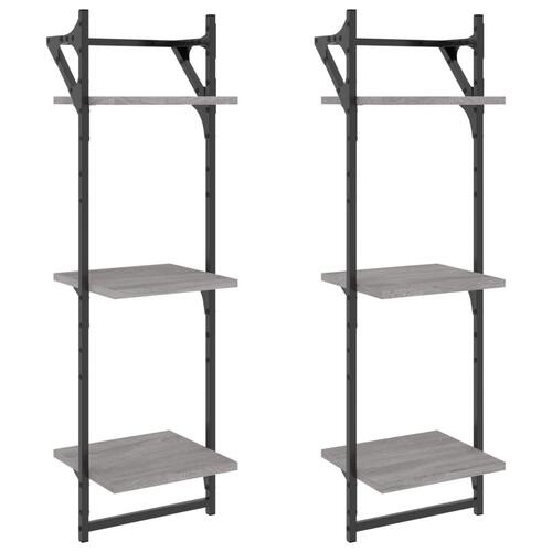 Væghylder 2 stk. m. stænger og 3 hylder 30x25x65 cm grå sonoma