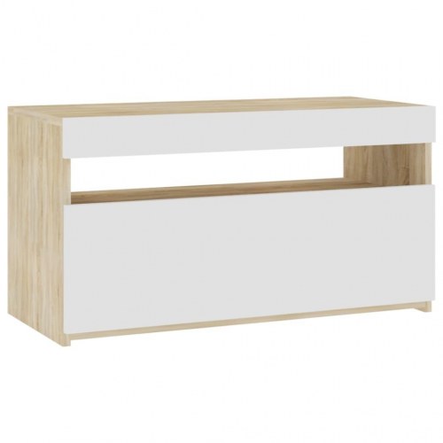 Tv-bord med LED-lys 75x35x40 cm hvid og sonoma-eg