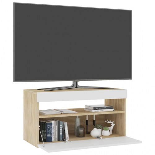 Tv-bord med LED-lys 75x35x40 cm hvid og sonoma-eg