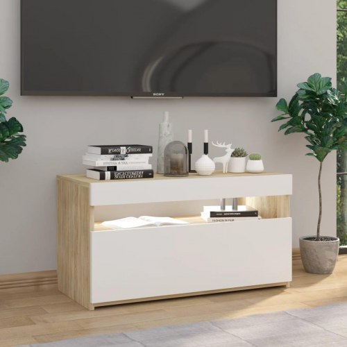 Tv-bord med LED-lys 75x35x40 cm hvid og sonoma-eg