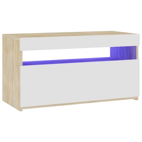 Tv-bord med LED-lys 75x35x40 cm hvid og sonoma-eg