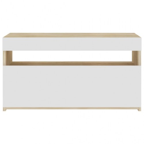 Tv-bord med LED-lys 75x35x40 cm hvid og sonoma-eg