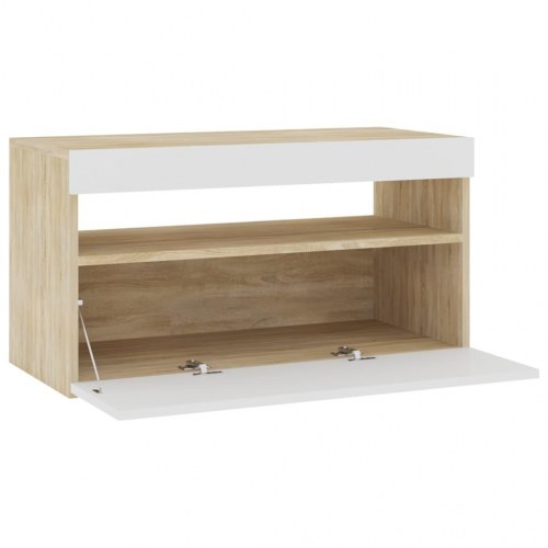 Tv-bord med LED-lys 75x35x40 cm hvid og sonoma-eg