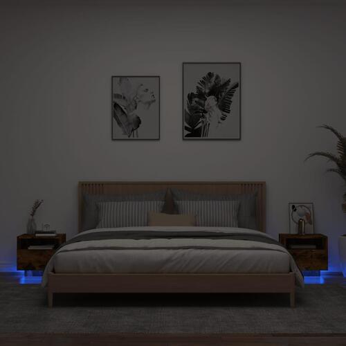 Sengeborde 2 stk. med LED-lys 40x39x37 cm røget egetræsfarve