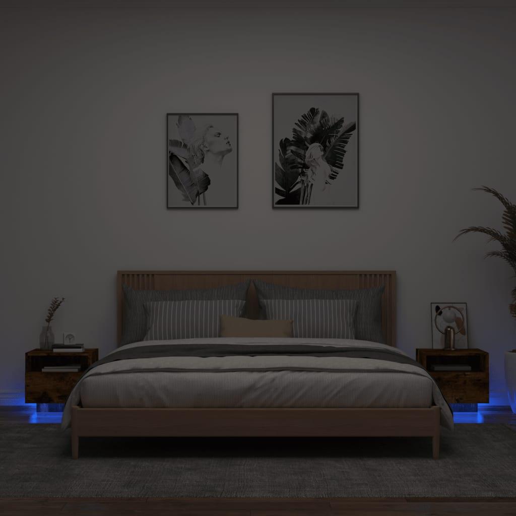 Sengeborde 2 stk. med LED-lys 40x39x37 cm røget egetræsfarve