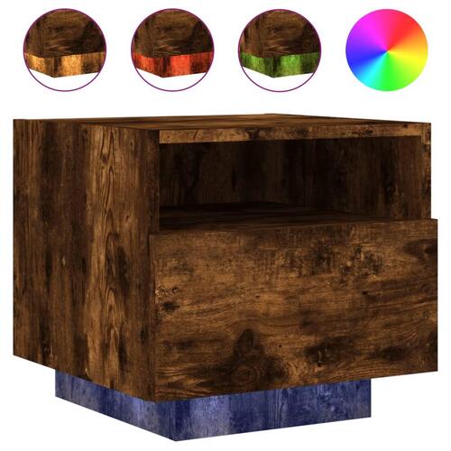 Sengeborde 2 stk. med LED-lys 40x39x37 cm røget egetræsfarve
