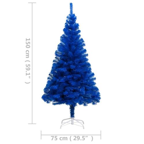 Kunstigt juletræ med lys og juletræsfod 150 cm PVC blå