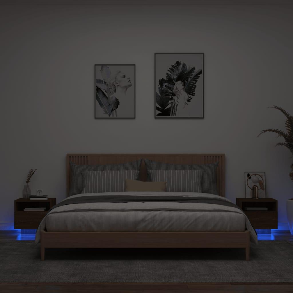 Sengeborde 2 stk. med LED-lys 40x39x37 cm brun egetræsfarve