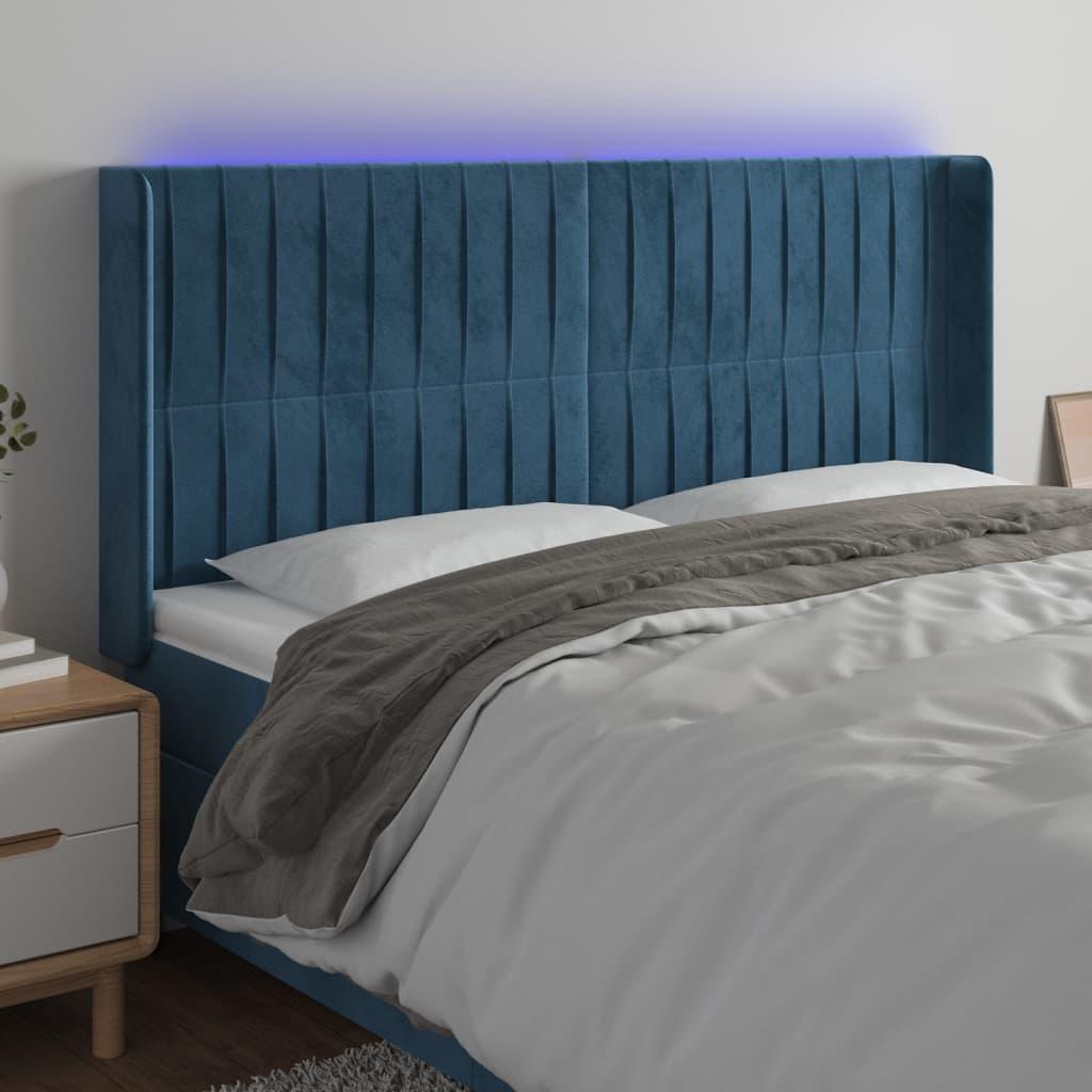 Sengegavl med LED-lys 203×16×118/128 cm - fløjl, mørkeblå billede