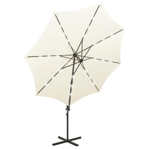Hængeparasol med stang og LED-lys 300 cm sandfarvet