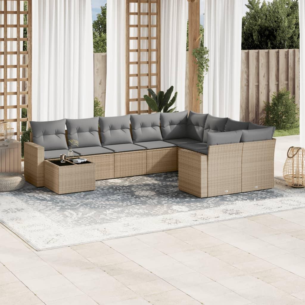 Sofasæt til haven i polyrattan - 10 dele med hynder, beige/lysegrå billede