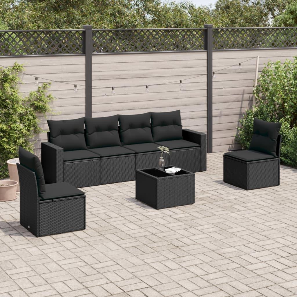 Sofasæt til haven i polyrattan - 7 dele med hynder, sort