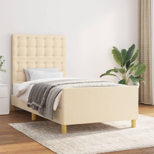 Sengeramme med sengegavl - creme stof 100 x 200 cm