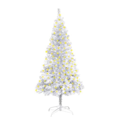 Kunstigt juletræ med LED-lys og fod 150 cm PET sølvfarvet
