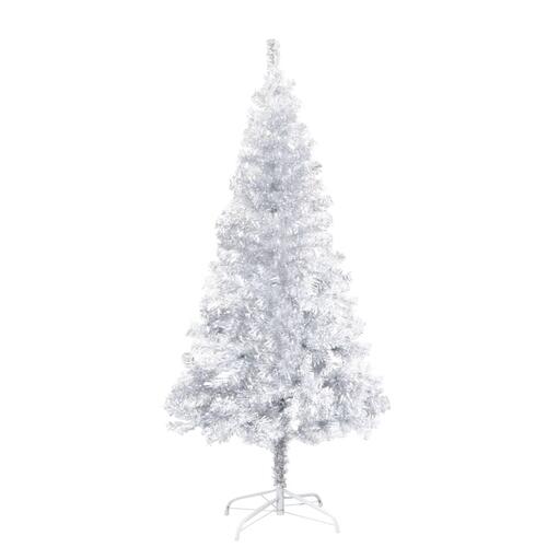 Kunstigt juletræ med LED-lys og fod 150 cm PET sølvfarvet
