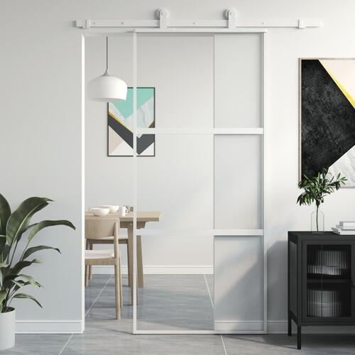 Skydedør 90x205 cm hærdet glas og aluminium hvid