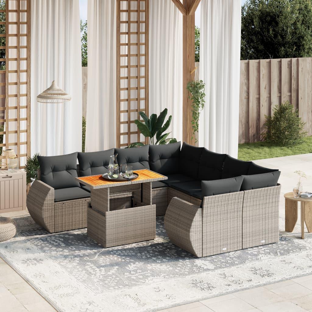 Sofasæt til haven 9 dele med hynder polyrattan grå