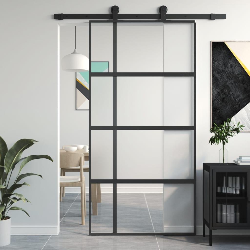 Skydedør 102,5x205 cm hærdet glas og aluminium sort