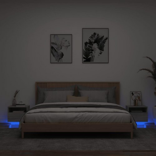 Sengeborde 2 stk. med LED-lys 40x39x37 cm grå sonoma-eg