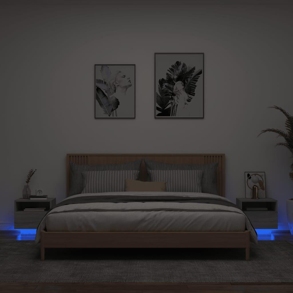 Sengeborde 2 stk. med LED-lys 40x39x37 cm grå sonoma-eg