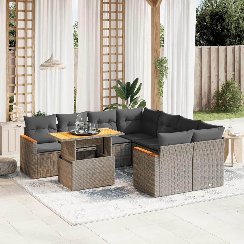 Sofasæt til haven i polyrattan - 9 dele med hynder, grå