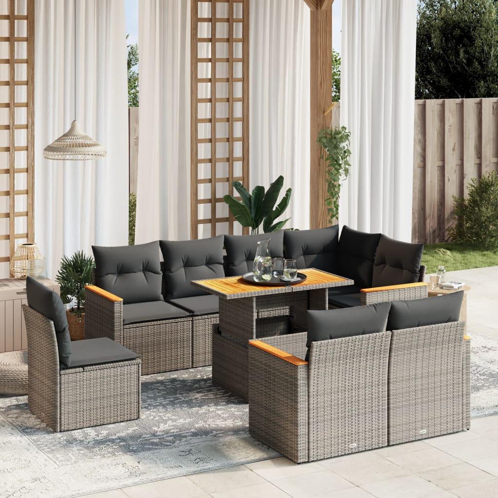 Sofasæt til haven i polyrattan - 9 dele med hynder, grå