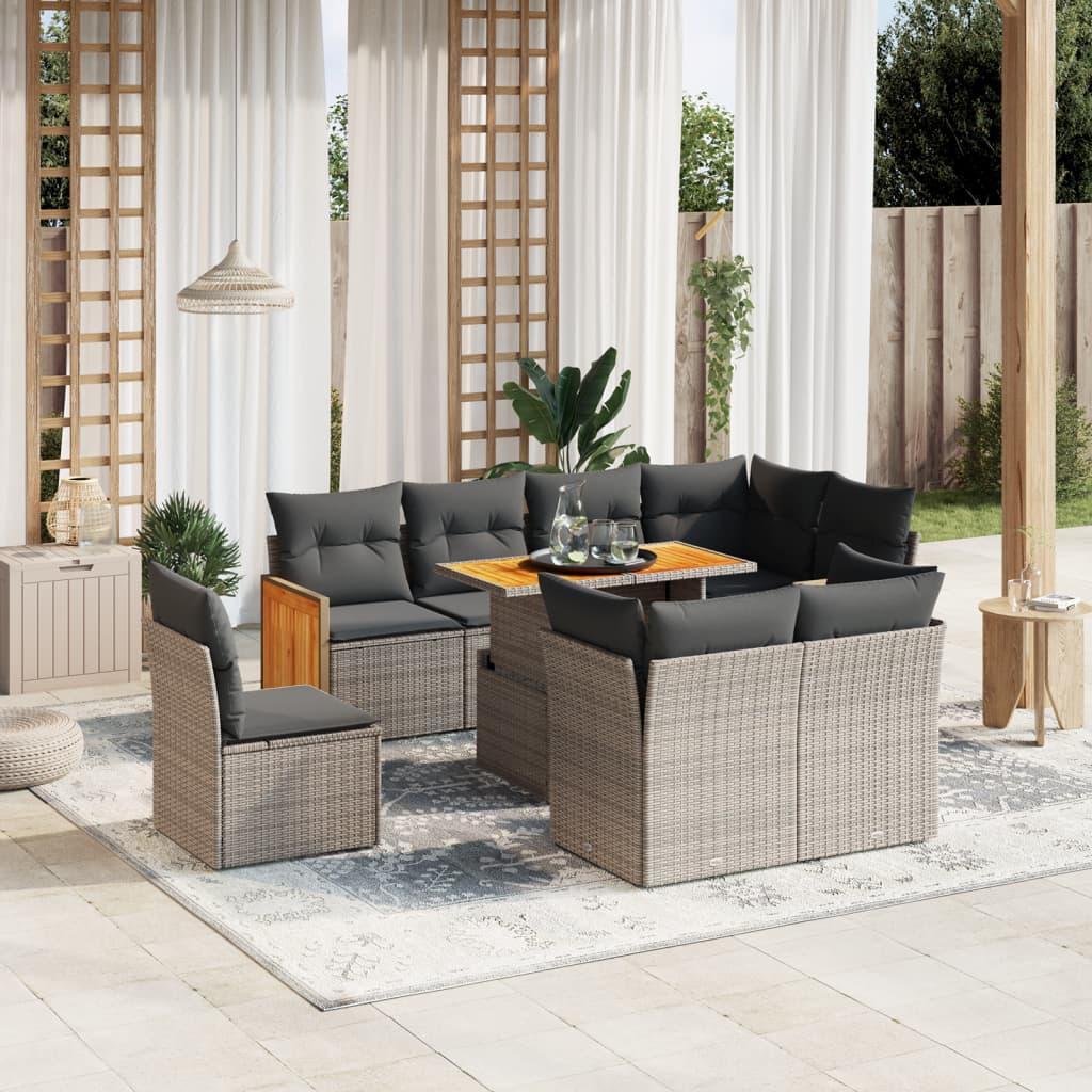 Sofasæt til haven i polyrattan - 9 dele med hynder, grå